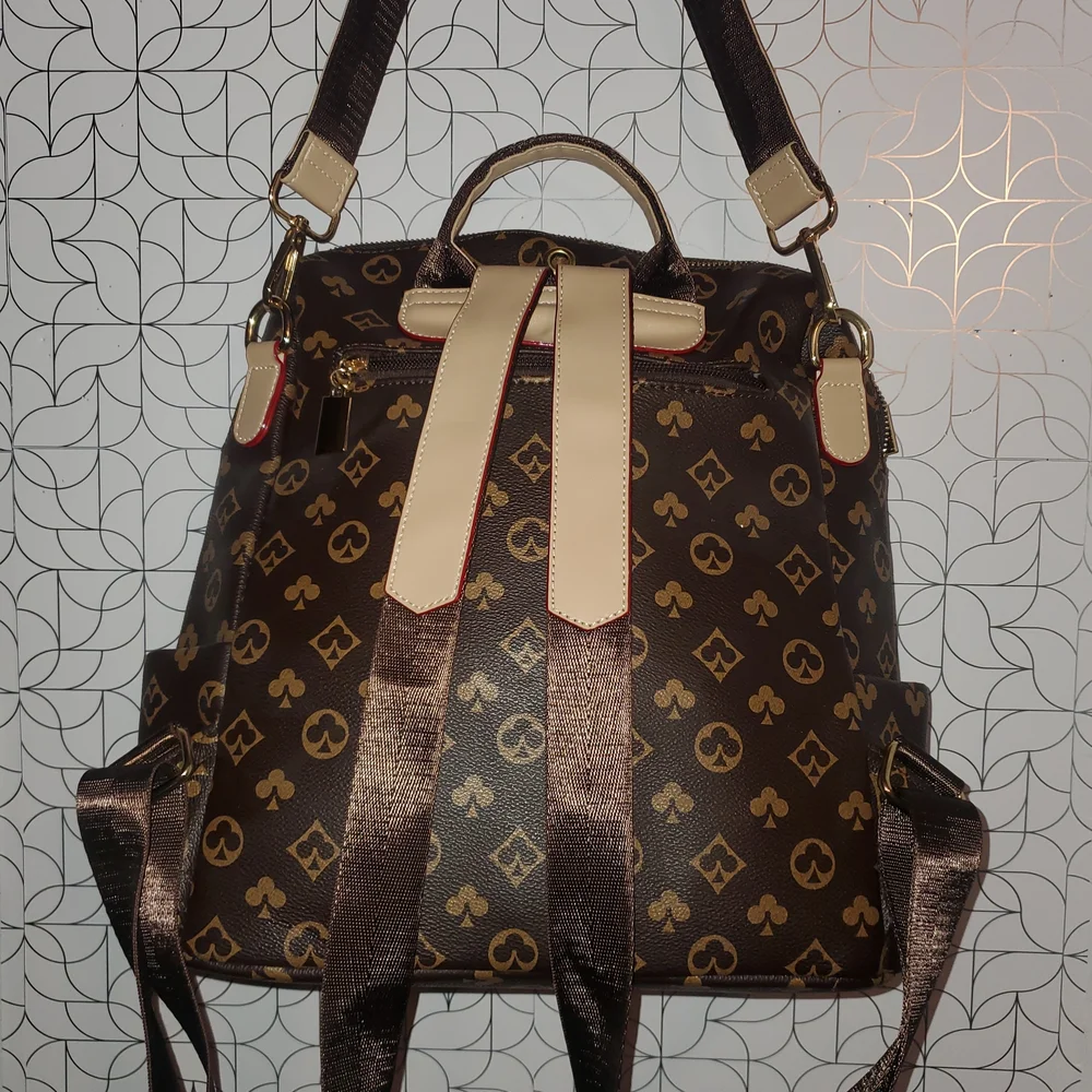 Brown Monogram-Pattern Womens Backpack with Beige Trim